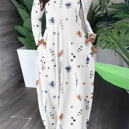 Plus Size, Women's Plus Size Floral maxi dress - Off-Shoulder long gown with side pockets, Flowy party & Everyday dress in Navy/Beige/White/Gray/Black/Blue/, Hand Washable Formal & Casual Outfit