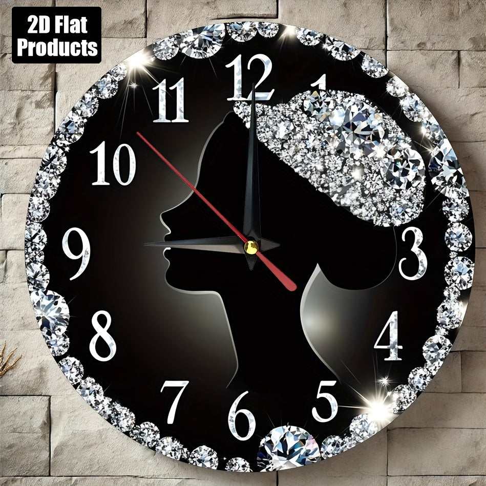 2D Flat 1pc Diamond Woman Silhouette Wall Clock, 9.8" Round Wooden Kitchen Decor with Sparkling Rhinestones, Easy to Read, Silent, No Drip, Requires 1 AA Battery, Bedroom, Office, Bedroom Wall Clock | Elegant Wall Clock | Woo