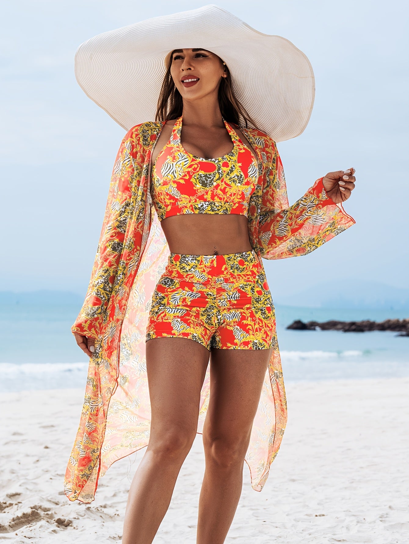 1012 2025 new fashion bikini three-piece blouse, Poolside Attire, Summer Fashion, Chic Blouse, Modern Swimwear, Stretchy Fabric, Breathable Material, Bikini Top, Swim Blouse, Beach Lovers