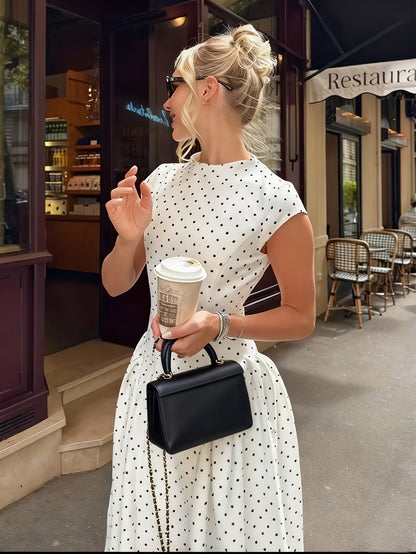 Women's Elegant A-Line Polka Dot Maxi Dress with Waist Cinch - Round Neck Long Dress Suitable for Date Night, Party Outfits, Wedding Guest Dresses, Year-Round Wear, Machine Washable Dress for Special Occasions