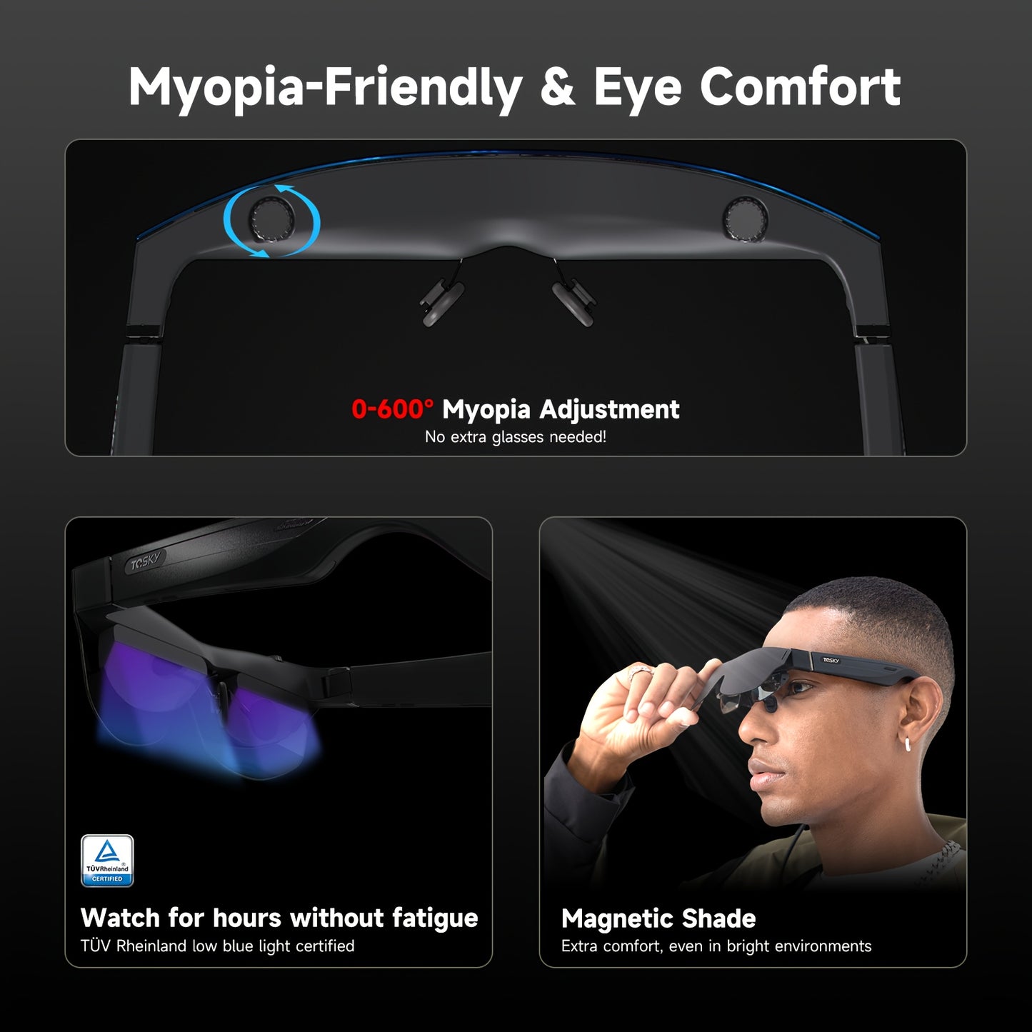 TQSKY T1 AR Smart Glasses | Portable Personal Cinemas | 150'' OLED HD Displays | Dual Speaker Audios | Perfect for Travel, Flight & Home Theater, Travel Entertainment, Portable Cinema, Lightweight Glasses, Sleek Design, Advan