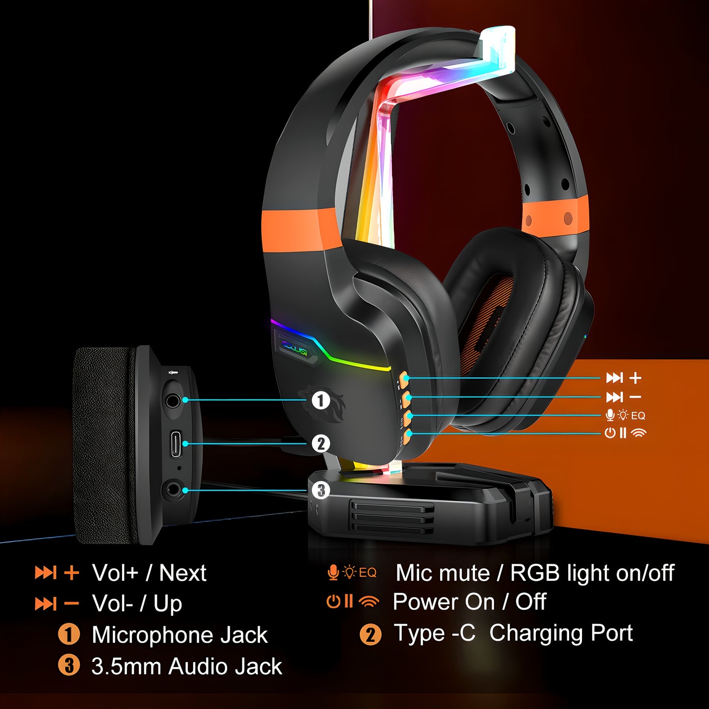 Colusi Gaming Headset with Detachable Mic, 2.4G Wireless USB Gamer Headphones with Mic for PS4PS5/Laptop/PC/Mac, Bass Surround, Suitable for Travel, Work, E-Sports Games, Music Various Scenarios, Work Headphones, Gaming Headp