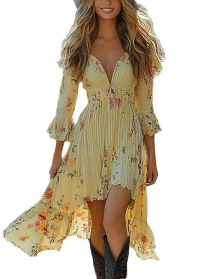 HERTALK Summer Western Cowboy-Inspired Floral Patterned Vintage Short-Sleeve Dress