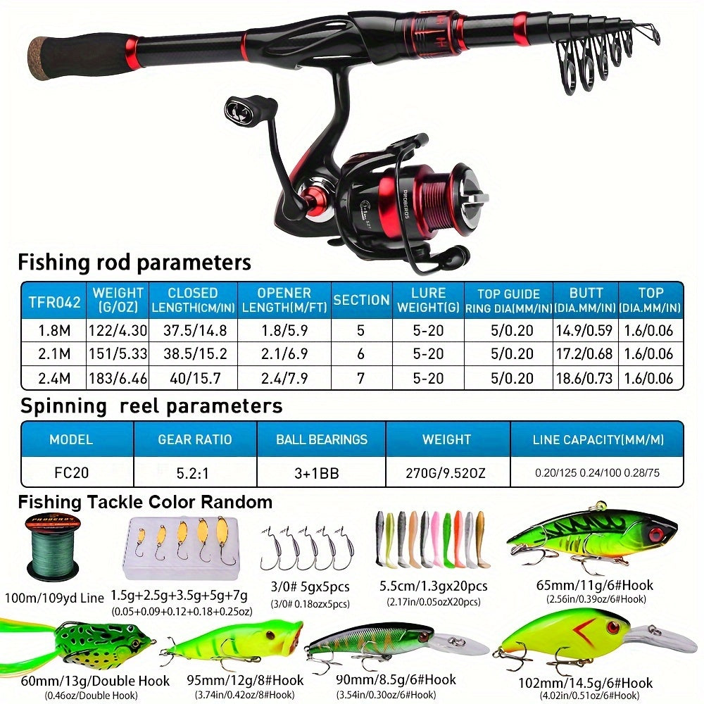 Proberos Carbon Fiber Telescopic Fishing Rod and Reel Combo - Ambidextrous Medium Action Spinning Reel with 2000 Series, Freshwater Bass Fishing Kit for Thanksgiving, Christmas, Father's Day, Fishing Gear