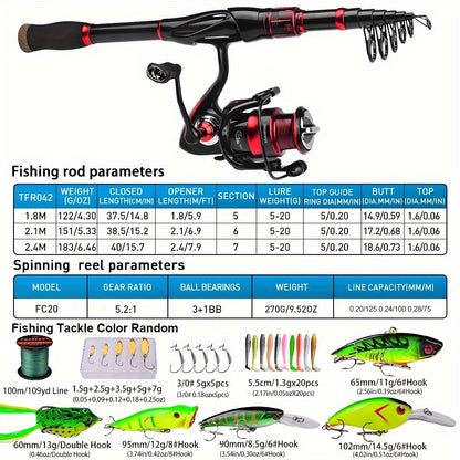 Proberos Carbon Fiber Telescopic Fishing Rod and Reel Combo - Ambidextrous Medium Action Spinning Reel with 2000 Series, Freshwater Bass Fishing Kit for Thanksgiving, Christmas, Father's Day, Fishing Gear