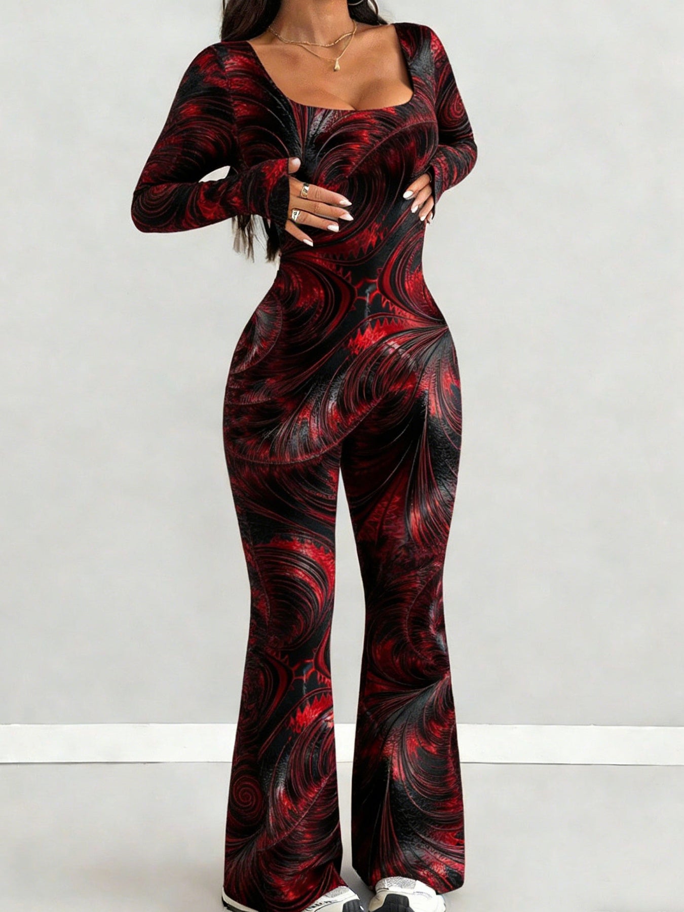 Women'S Jumpsuit Set | Casual Fashionable Sexy, Loose U-Neck Cut, Slim Fit, Red Black Wave Print, Long Sleeve Flared Leg, Versatile Use, Suitable for Multiple Occasions & Seasons, Ideal for Outdoor