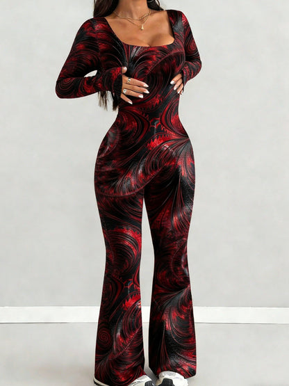 Women'S Jumpsuit Set | Casual Fashionable Sexy, Loose U-Neck Cut, Slim Fit, Red Black Wave Print, Long Sleeve Flared Leg, Versatile Use, Suitable for Multiple Occasions & Seasons, Ideal for Outdoor