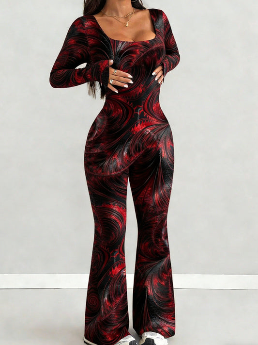 Women'S Jumpsuit Set | Casual Fashionable Sexy, Loose U-Neck Cut, Slim Fit, Red Black Wave Print, Long Sleeve Flared Leg, Versatile Use, Suitable for Multiple Occasions & Seasons, Ideal for Outdoor