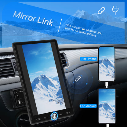 PODOFO Single Din Car Radio with Wireless Carplay Android Auto, 10.4 Inch Vertical Touch Screen Car Stereo with Mirror Link, FM/ RDS Radio, Car Radio Audio Receivers with EQ AUX/ USB+Backup Camera+Mic, Car Radio with Wireless