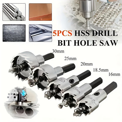 BUFF STACK FULL 5pcs HSS Drill Bits with Wrench - High-Speed Steel, Rust-Proof, Precision Sizes (16mm-30mm) for Metal & Stainless Steel - Ideal for Professional Sheet Metal Work, Drill Bits for Steel, Metalworking Drill Bits