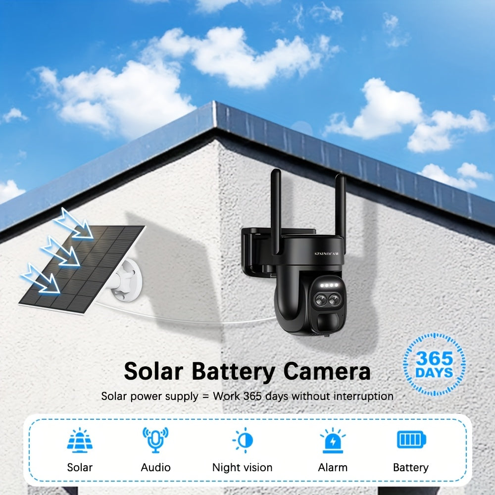 Solar-Powered PTZ Security Camera with 8x Zoom Dual Lens, 360° Auto Tracking, Human Detection, Two-Way Talk, Wireless WiFi, PoE Camera, Solar Panel, Outdoor Surveillance System for Home/Office/Business - Continuous Recording