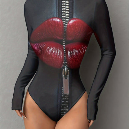 New Women's Lips Zipper Black Print Bodysuit - Slim Fit, Stand Collar, Long Sleeve, All-Season Versatile Jumpsuit, Stylish Outfit Bodysuit Stand Collar Top, Bodysuit for Women