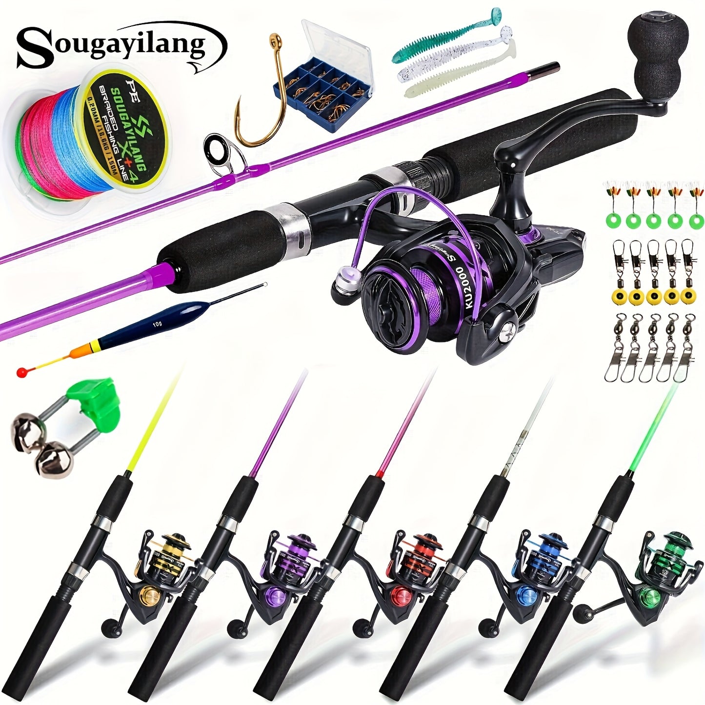 Sougayilang Fishing Rod and Reel Set, Two-Section Straight Handle Spinning Reel Combo with 5.2:1 Gear Ratio for Blackfish, Trout, Bass, Dogfish, and Carp - Beginner-Friendly Complete Tackle Kit with Random Color Line and Bait