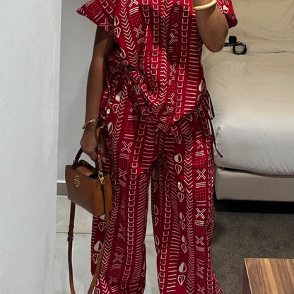 2pcs Set Geometric Print Short-Sleeve Fitted Top And High-Waist Wide-Leg Pants | Women'S Vintage Ethnic-Style Design, Suitable for Daily Autumn And Winter Commuting, Casual Luxury Gatherings, And Trendy Streetwear