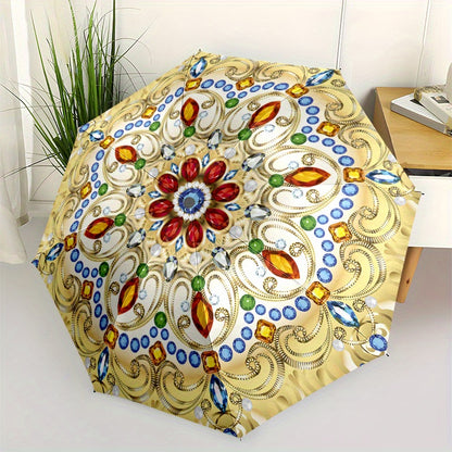 Automatic Open/Close Umbrella with Floral Pattern - Elegant Golden, Blue, Red, Green, White, Black, - Compact Folding Design, All-Season Portable Umbrella for Women & Men, Ideal Gift for Birthdays, Anniversaries, Travel - Aut