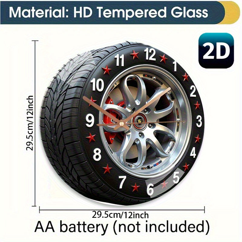 12 Inch Large Modern Car Tire Wall Clock - Heated Glass Silent Quartz Movement with Mechanism, Red & Black Rims & White Face - Battery- (AA Not Included) - Auto-Themed Home Decor for Living Room, Bedroom, - Novel, 2D Flat