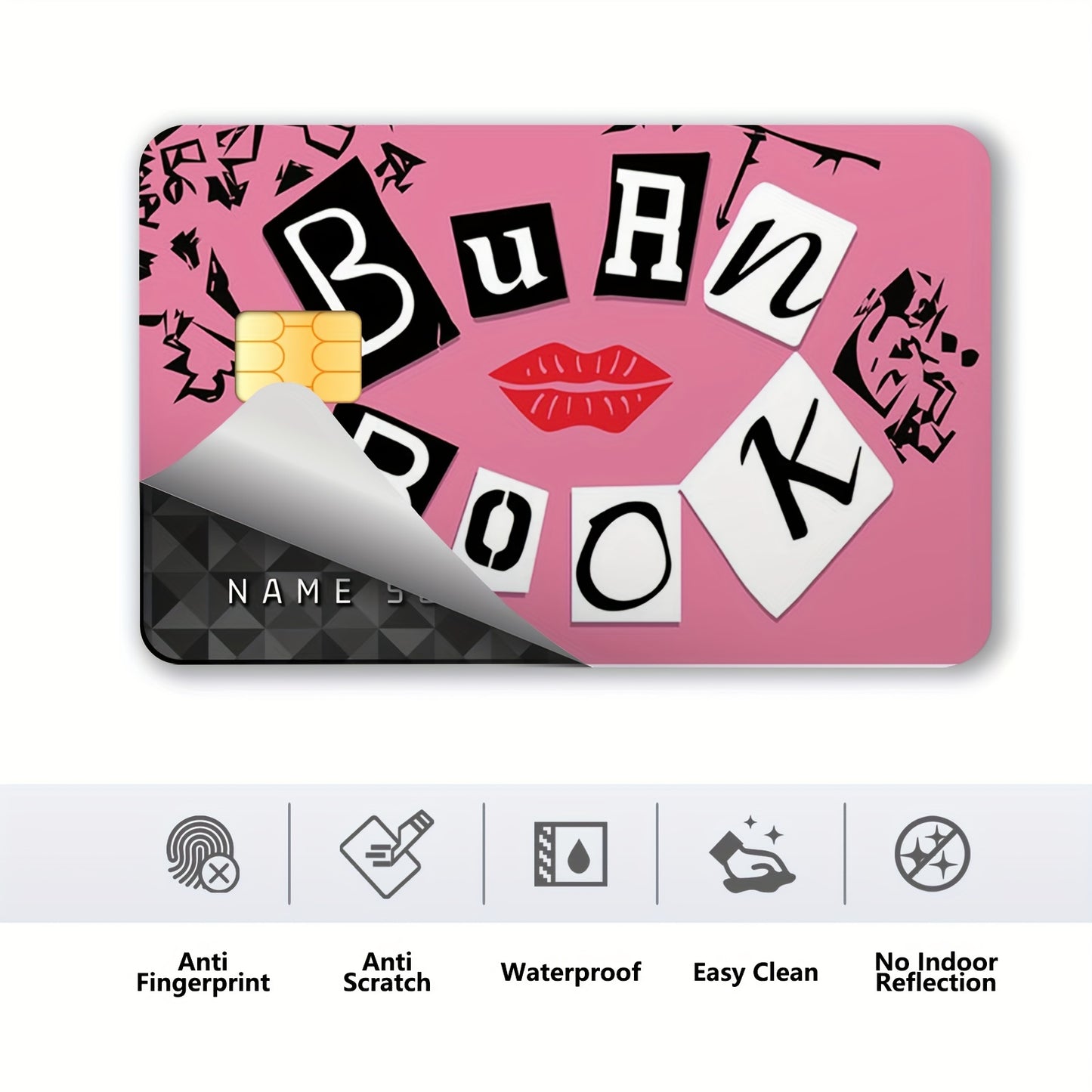 4-Pack Cute Color Block PVC Credit Card Skins - Pink & Design with "Burn Book" Text, Anti-Scratch & Waterproof Vinyl Stickers for Debit, Transit