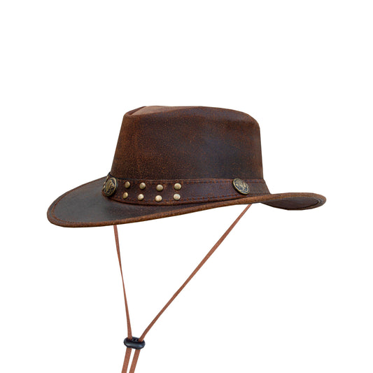 Men's Brown Top-Grain Premium Leather Western Cowboy Studded Hat