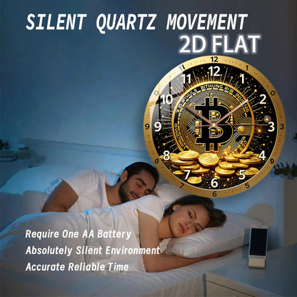 12-Inch Bitcoin Cryptocurrency Glass Wall Clock - Silent Quartz Movement with Golden ₿ Symbol & Circuit Board Design, Modern Minimalist Crypto Decor for Home Office, Bitcoin Price Display, Durable Glass Face (AA Battery Not