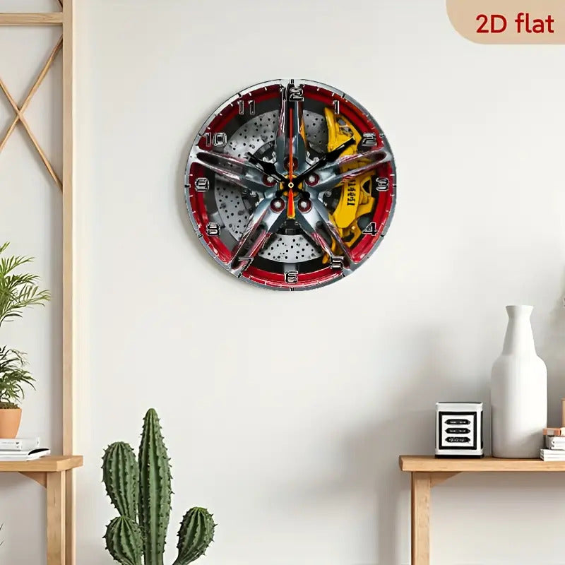 The 2D flat decorative plaque wall clock with the theme of "Exquisite car wheel hub" is equipped with a silent quartz movement. It is an ideal choice for wall decoration and also an excellent gift for birthdays, fireworks, Ch