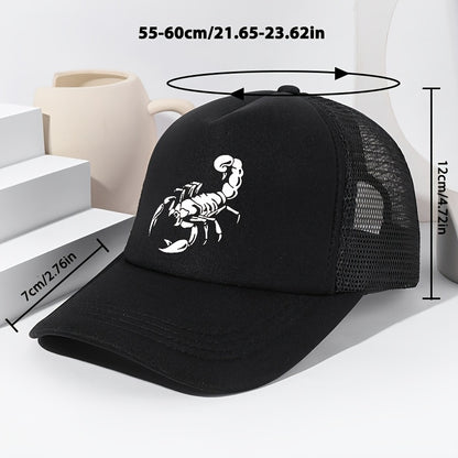 Unisex Scorpion Print Baseball Cap - Breathable Mesh Trucker Hat with Adjustable Fit for Outdoor Sports, Fishing & Casual Wear, Black with White Scorpion Design, Spring/Summer Collection, Spring Summer Cap | Stylish Headgear