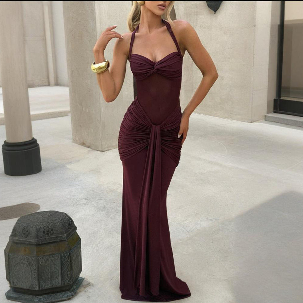Women's Elegant Ruched Halter Neck Maxi Dress, Slim Fit Summer Party Dress