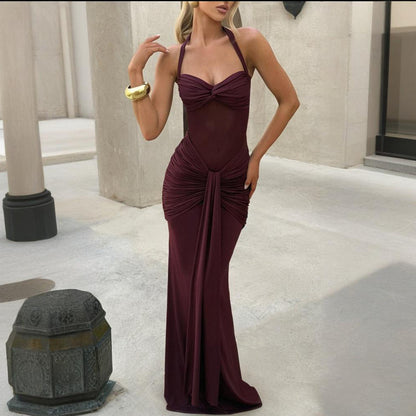 Women's Elegant Ruched Halter Neck Maxi Dress, Slim Fit Summer Party Dress