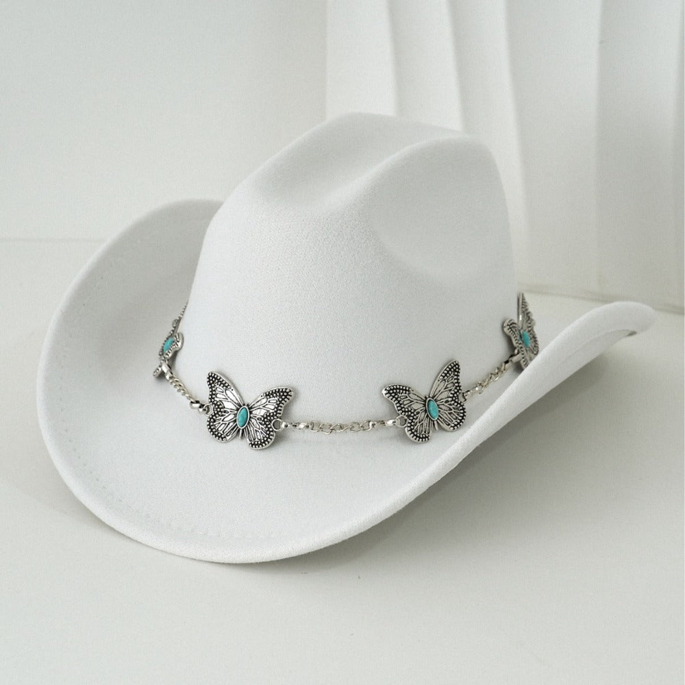 Women'S Bohemian Turquoise & White Cowboy Hat - Felt Wide Brim Sun Hat with Butterfly Metal Chain Accent, Non-Stretch Formal & Western Style for Christmas, Festivals, Casual Attire - Hand Washable Elegant Felt Cowboy Cap, Cow