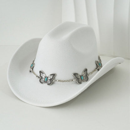 Women'S Bohemian Turquoise & White Cowboy Hat - Felt Wide Brim Sun Hat with Butterfly Metal Chain Accent, Non-Stretch Formal & Western Style for Christmas, Festivals, Casual Attire - Hand Washable Elegant Felt Cowboy Cap, Cow