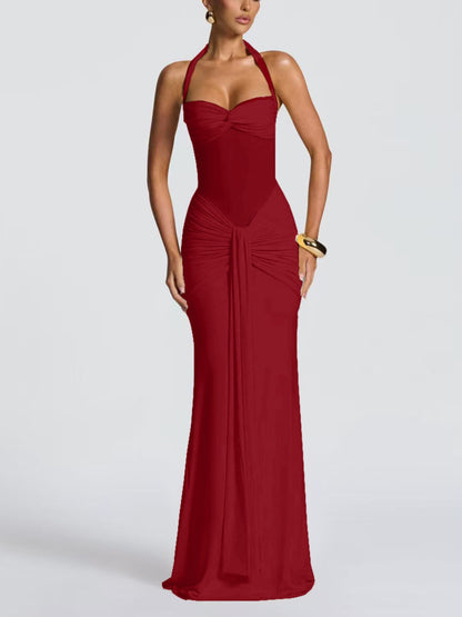 Women's Elegant Ruched Halter Neck Maxi Dress, Slim Fit Summer Party Dress