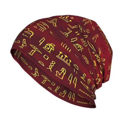 BIIHUDU Men's Egyptian Hieroglyphic Beanie Hat - Ancient Egypt Themed Textile with Symbol & Pharaoh Design, Red/Black/Brown/ Colors, Cultural History Accessory for Costumes, Themed Parties & Casual Attire