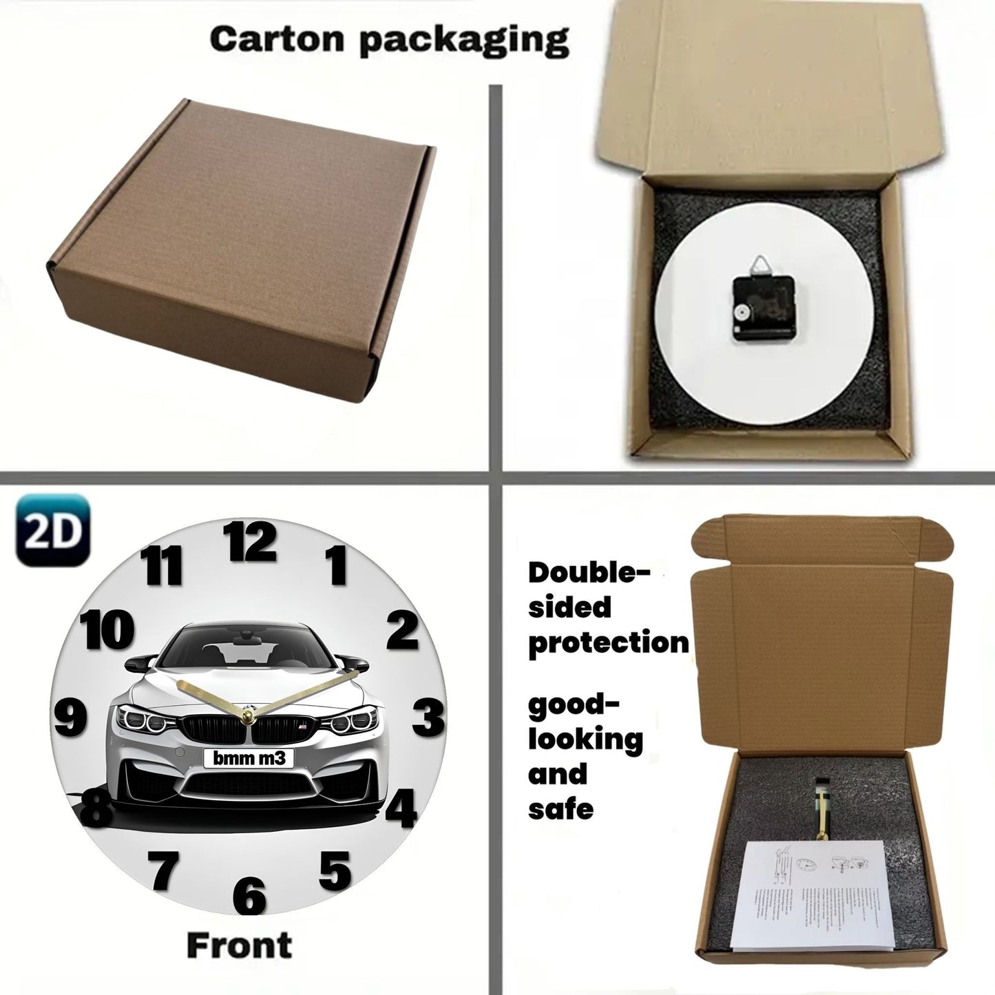 1pc Silent Wall Clock with 2D Car Design – 7.87 Inch Circular Acrylic Decorative Clock, White with Golden Accents, Ideal for Home, Office, Garage, Bar, Café, Garden, Party & Holiday Gift, Clock Wall Decor