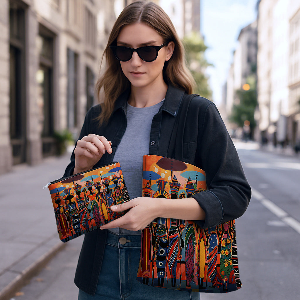 2pcs African Ethnic Pattern Tote Bag Set, Includes Large Capacity Tote Bag and Coin Purse Two-Piece Set. Multifunctional Travel Shopping Shoulder Bag and Makeup Bag (Toiletry Bag), Suitable for Travel, Shopping, Commuting, Pa