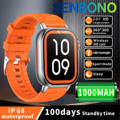 SENBONO Sports Smartwatch with 1000mAh Large Battery, 2.01inch HD Square Display, Wireless 5.4, LED Flashlight, Compass, Diversified Dial, Sleep Monitoring, 100+ Sports Modes, Outdoor Smartwatch, Ideal Gift, Fitness Tracker,