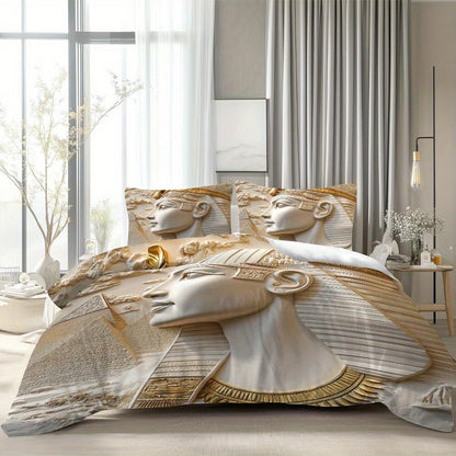 MOKALALA 3pcs Egyptian Pharaoh Bedding Set - King Tutankhamun Design with Golden & Beige Ancient Egypt Patterns, 1 Duvet Cover + 2 Pillowcases, All-Season Luxury Bedspread for Themed Home Decor, Christmas Gift Idea, Machine W