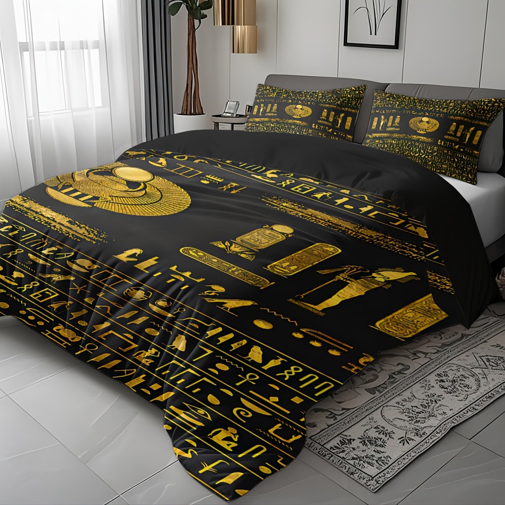 Egyptian Theme Duvet Cover Set - 3pcs Soft High-Definition Digital Print In Black And Golden - Breathable Polyester, Machine Washable - Perfect Gift For All-Season Use With Duvet Cover And Pillowcases