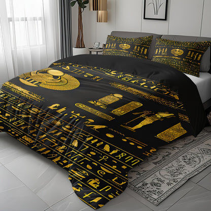 Egyptian Theme Duvet Cover Set - 3pcs Soft High-Definition Digital Print In Black And Golden - Breathable Polyester, Machine Washable - Perfect Gift For All-Season Use With Duvet Cover And Pillowcases