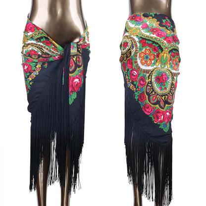 Women'S Luxury Boho Floral Fringe Hip Scarf - Elegant Belly Dance Wrap Skirt & Shawl with Tassel Hem, Vibrant Red Color Options, Multicolor Printed Bohemian Style for Beach, Festival, Party, Travel - Versatile Sarong Cover Up