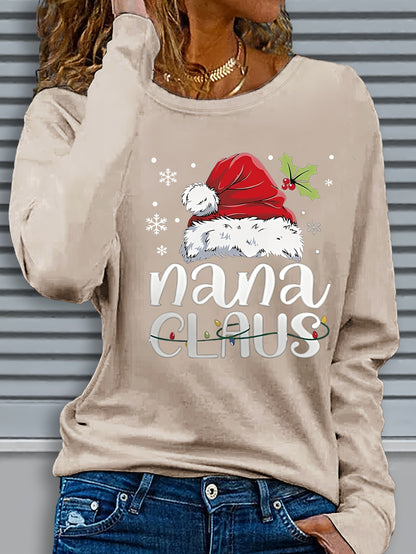 Women'S Christmas Santa Claus & Nana Claus Graphic Print Long Sleeve T-Shirt - Cozy Crew Neck Casual Top with Festive Snowflake & Santa Hat Design, Perfect For Fall/winter Holiday Celebrations, Christmas Shirts