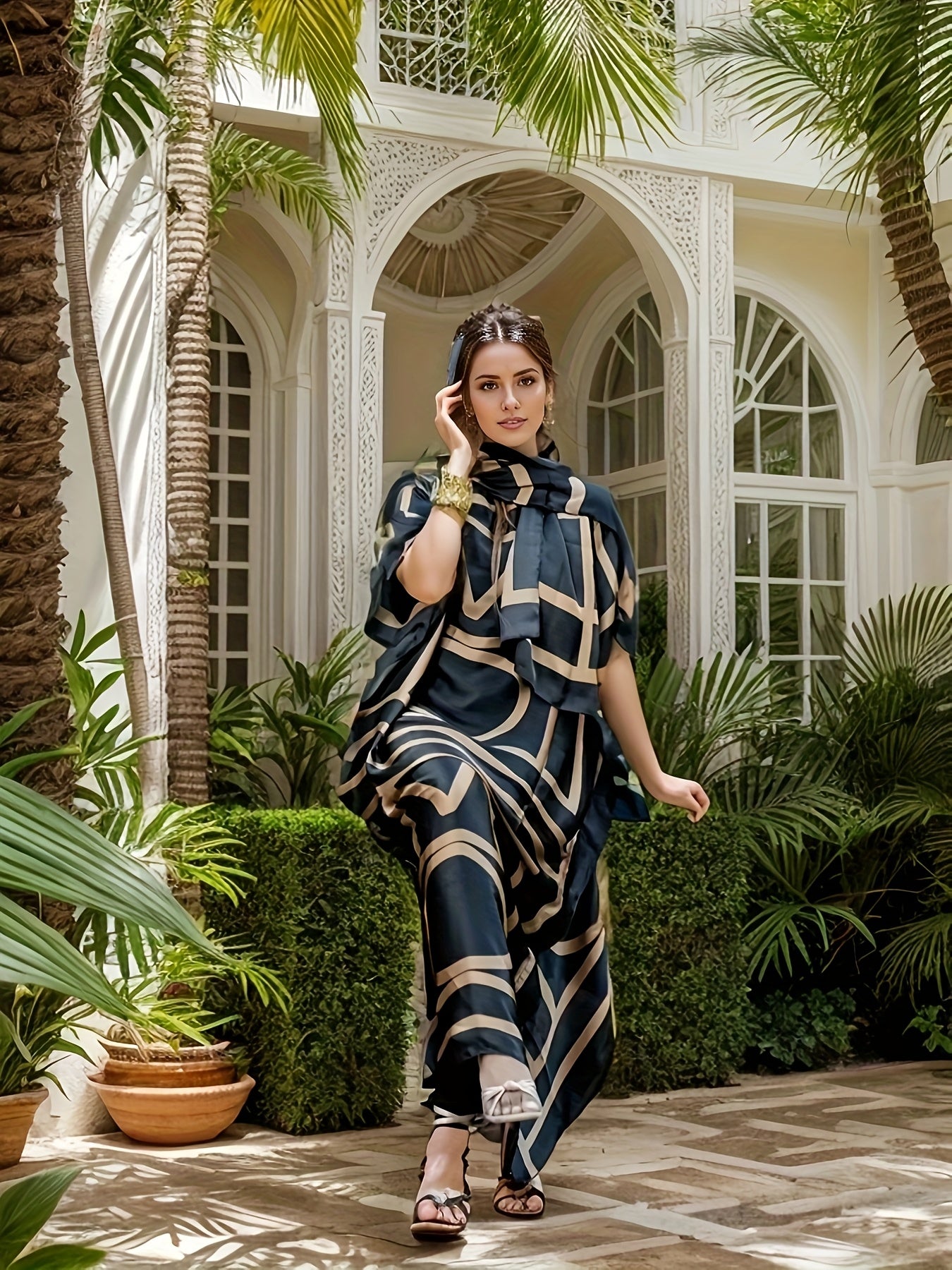 Plus Size - Elegant Black And Golden Geometric Letter Print Kaftan Dress - Comes with a Matching Headpiece | Ideal for Chic Everyday Outfits And Fashion Occasions