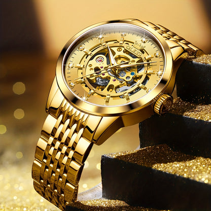 OLEVS Men'S Luxury Skeleton Watch - Automatic Mechanical Self-Winding, Luminous Hands & Double-Sided Openwork Case, Stainless Steel Business Chronograph Watch with Exposed Movement, No Battery/Electricity-Free Operation for F