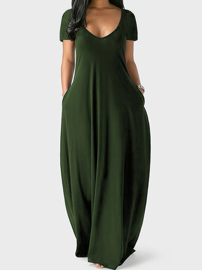 Solid Simple Dress, Casual Short Sleeve Maxi Dress With Pockets, Women's Clothing