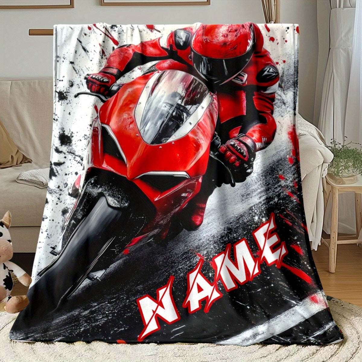 Custom Name Cool Red Motorcycle Blanket-Lightweight Home Furnishings Bedding Blanket Suitable for Sofas Beds Travel Camping Living Rooms Offices Sofas Chairs and Beds-Soft and Warm Fabric Digital Printed Blanket