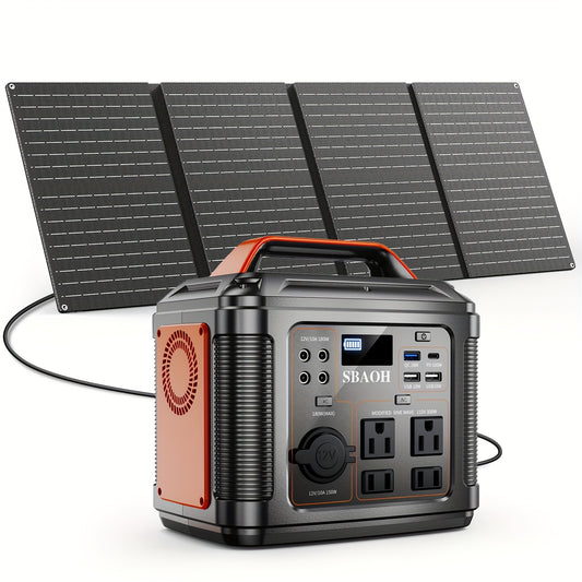 SBAOH 300W Solar-Powered Portable Generator with 60W Solar Panel, 8000mAh 296Wh Battery, AC/DC Outlets, Fast Charging, Flashlight, RV & Emergency Backup for Camping, Outdoor, Power Outages - Orange, Solar Power Generator, Out