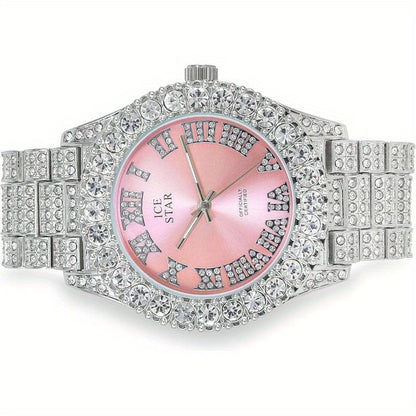 Womens Iced Solitaire Bezel Watch & Tennis Bracelet Set, 44mm Case, Women'S Jewelry Set, Gift for Her, Luxury Accessories, Sophisticated Style, Chic Design, Durable Bracelet, Highquality Jewelry, Matching Set, Bracelet And Wa