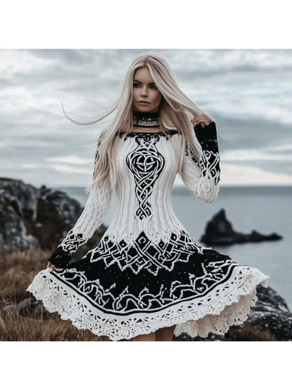 Plus Size - Autumn and Winter New Dress | Casual Versatile Temperament Fashion Slim Retro Fried Dough Twists Long Sleeve Women'S Wear, Midi Length, Slight Stretch Fabric, Lapel Collar, Weekend Casual Style.
