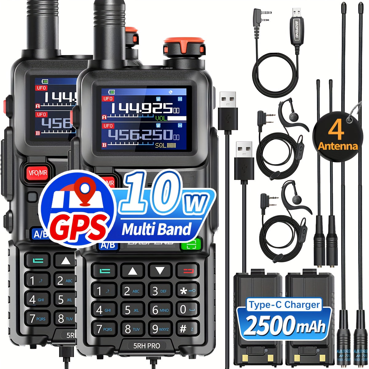2 Pack Baofeng 5RH PRO GPS Long Range Handheld Two Way Radio with NOAA Weather Receiver, 10W High Power, 2500mAh Battery & USB-C Charger, 5RM Upgrade, UHF/VHF Multi-Band, GPS Tracking, Compatible with Smartphones/Tablets, Sur