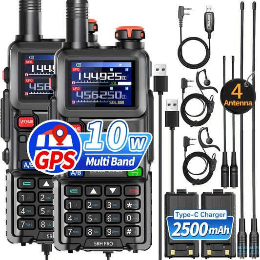 2 Pack Baofeng 5RH PRO GPS Long Range Handheld Two Way Radio with NOAA Weather Receiver, 10W High Power, 2500mAh Battery & USB-C Charger, 5RM Upgrade, UHF/VHF Multi-Band, GPS Tracking, Compatible with Smartphones/Tablets, Sur