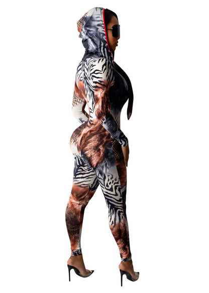 Summer Women'S Fitted Jumpsuit with a Leopard Print, V-Neck, And Long Sleeves Featuring a Hood