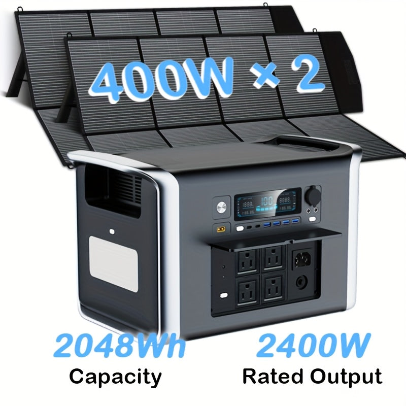 Portable Solar Battery Kit 2048Wh/2400W LiFePO4 Battery & 400W/200W/100W Solar Panels Bundle - Pure Sine Wave Inverter, /-C/-A Power, Heavy-Duty Off-Grid System for Home, RV, Camping, Emergency Backup (Low-Maintenance Lithium